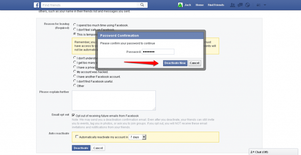 how to delete facebook account step 4